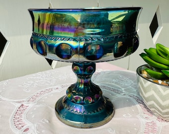 Indiana Glass Kings Crown Blue Carnival-glazen sokkelcompote