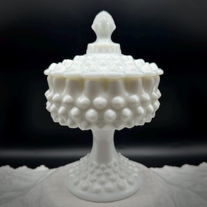 Fenton Hobnail Milk Glass Candy Dish with Lid: White Home Decor