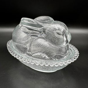 Indiana Glass, Bunny Rabbit On Nest, Clear Glass, Two Piece Candy Dish, Trinket Box