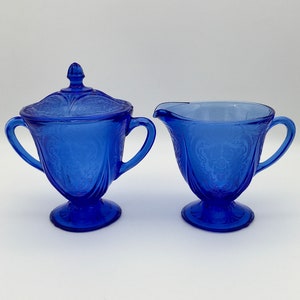 Hazel Atlas Glass Company, Royal Lace Pattern, Cobalt or Ritz Blue, Depression Glass, Creamer and Covered Sugar