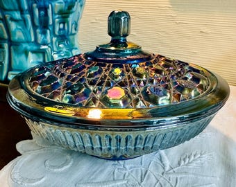 Vintage Indiana Glass Windsor Blue Carnival Glass Candy Dish