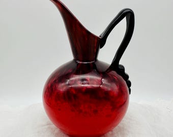 Charles Schneider Art Deco Ewer: Red Hand Blown Glass Vase, Black Handle