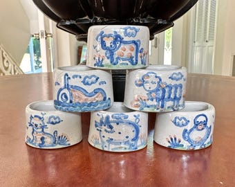 M A Hadley Country Scene Stoneware Pottery Napkin Rings: Set of Six