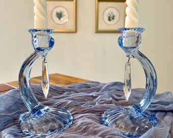 Vintage Cambridge Caprice Candleholders: Moonlight Blue Glass Prisms