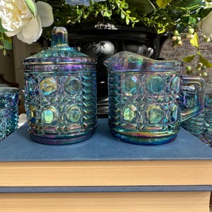 Vintage Blau Karneval Karneval Glas Milchkännchen und Zucker Set: Indiana Glas Windsor Royal Brighton