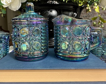 Vintage Indiana Glass Windsor Royal Brighton Blue Carnival Glass Creamer and Sugar with Lid