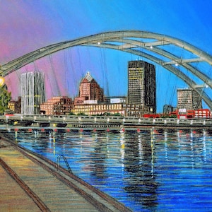 Rochester, NY Skyline (tarde) Impresión de arte - pastel por Bix DeBaise