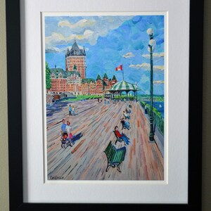 May include: A framed painting of a waterfront scene with a large building in the background, a boardwalk in the foreground, and people walking and sitting on benches. The sky is blue with white clouds. The painting is signed "DeBaise".