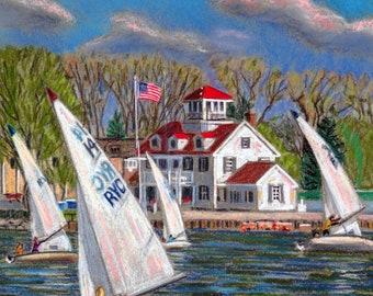 Sailing School, Rochester Yacht Club - an art print of a Bix DeBaise original pastel drawing
