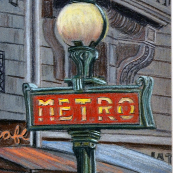 Paris Metro Sign - Original Pastel Drawing by Bix DeBaise