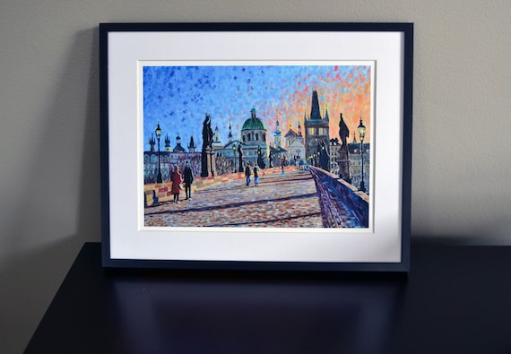 油絵チエコ、カレル橋 絵画 風景画(街並み) 秋 チェコ プラハにあるカレル橋の紅葉