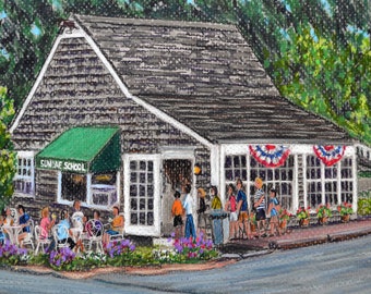 May include: A quaint, gray-shingled building with a green awning that reads "Sundae School".  People are sitting outside at tables and standing in line to enter the building.  American flags are hanging above the windows.