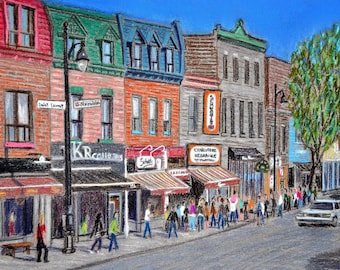 May include: A colorful illustration of a street scene with shops and people walking. The shops have awnings and signs, including "Schnitzels" and "Charcuterie Hebraique." The street is paved and there is a tree in the background.