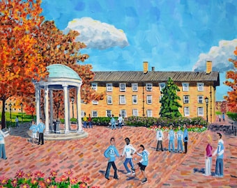 Impresión artística de UNC Old Well: Pintura acrílica de un día de otoño de Bix DeBaise
