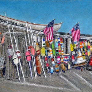 Sesuit Harbor Cafe, Cape Cod - an art print of a Bix DeBaise original pastel drawing