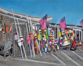 May include: A colorful illustration of a seaside cafe called "Sesuit Harbor Cafe". The cafe has a white boat on the roof and is decorated with American flags and colorful buoys. There are two chairs and a table in front of the cafe.