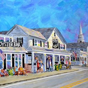 Restaurant de Porto et bar à huîtres, port de Harwich, Cape Cod - une impression d'art d'une peinture acrylique originale de Bix DeBaise