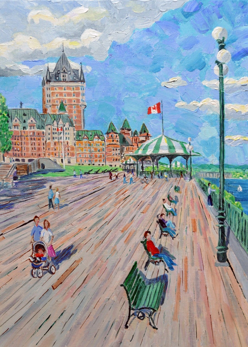 May include: A painting of a boardwalk with people walking and sitting on benches. There is a large building in the background with a Canadian flag flying from the top. The boardwalk is made of wood and there are green benches along the side. The sky is blue with white clouds.