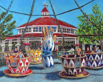 Seabreeze Amusement Park Teacups Art Print: Rochester, NY Pastel Drawing