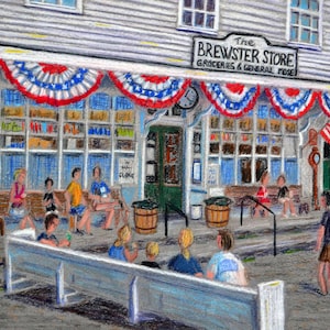 May include: A quaint, white clapboard building with red, white, and blue bunting strung across the front. The sign above the door reads "The Brewster Store, Groceries & General Store".  People are sitting on benches outside the store, and there are barrels and other items on the porch.