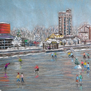 Skating in Pittsford, NY - an art print of a Bix DeBaise original pastel drawing