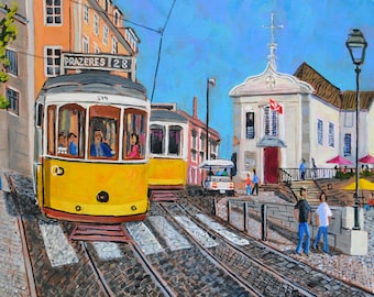 Lisbon, Portugal Tram and Street Scene - an ORIGINAL acrylic painting by Bix DeBaise