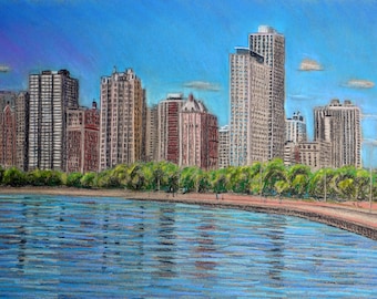Lincoln Park Chicago Skyline – wydruk artystyczny oryginalnego rysunku pastelowego Bixa DeBaise’a