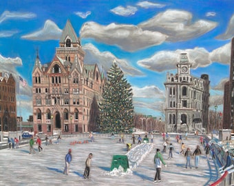 Clinton Square Ice Skating, Syracuse, NY - an Art Print of a Bix DeBaise Original Pastel Drawing