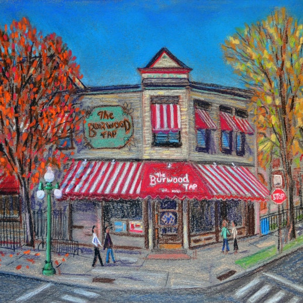 Burwood Tap, Lincoln Park, Chicago - an art print of a Bix DeBaise original pastel drawing