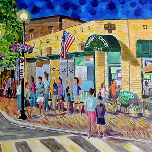 May include: A painting depicting a street scene at night, with a queue of people waiting outside a shop called "Thomas Sweet". The shop has a green awning with the number 3214 on it and an American flag hanging above. The shop is illuminated with yellow lights. A car is parked on the street and there is a pedestrian crossing in the foreground.