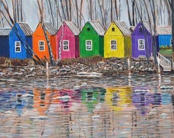 Buffalo, NY Sailing School Huts - art print of an original Bix DeBaise acrylic painting.