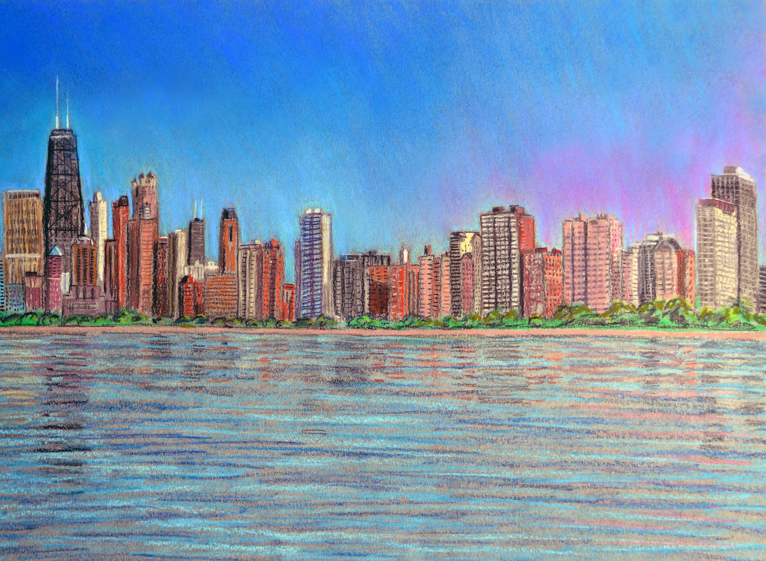 Gold Coast Chicago Skyline - an art print of a Bix DeBaise original pastel