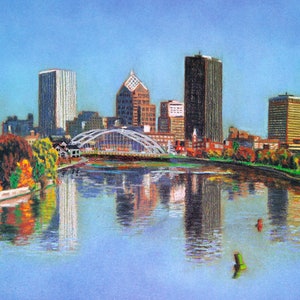 Rochester, NY Skyline Autumn - Art Print of a Pastel Drawing by Bix DeBaise