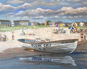 May include: A white lifeboat with the text "Ocean City N.J." and "Life Boat 107-05" on the side, sitting on a sandy beach with people and umbrellas in the background.