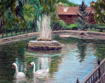 Swan Pond Manlius, NY - an art print of a Bix DeBaise original pastel drawing