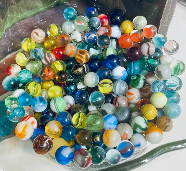 Collection of more than 100 Vintage Marbles with Antique Green Ball Mason Jar image 3