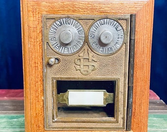 Vintage Wooden Box Coin Bank with Post Office Lock Box Door