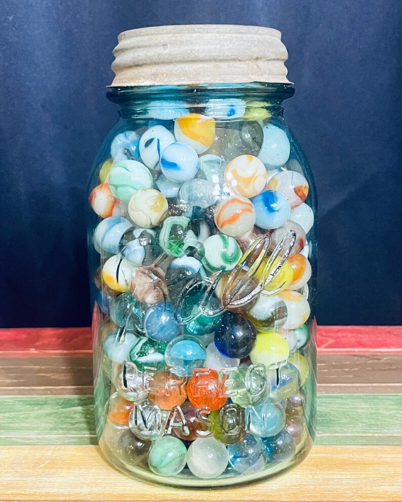Collection of more than 100 Vintage Marbles with Antique Green Ball Mason Jar image 2