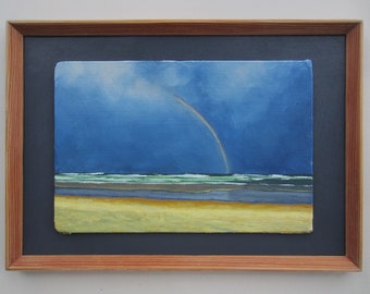 Regenbogen Strand Miniatur-Ölbild Ölgemälde Upcycling Art Küste Gewitter Wolken Atlantik Maine Landschaft
