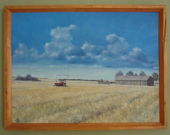 Belarus Traktor Feld Ölgemälde Kornfeld Bauernhof Scheune Landschaftsgemälde Dorf Wiese Wiesenlandschaft Gemälde Landhaus Sommer
