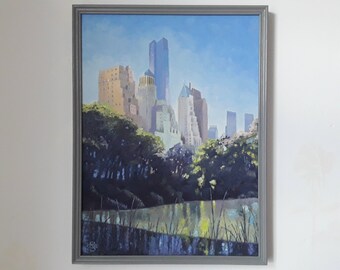 Central Park New York City Ölgemälde Ölbild Hochhäuser Wolkenkratzer Stadtansicht USA Herbst See Teich