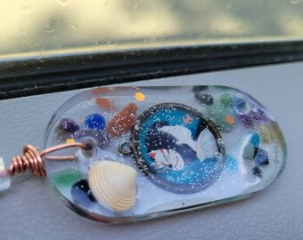 Beautiful resin necklace with real stones and shell and Japanese charm - made by artist