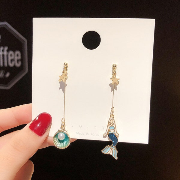Lovely mermaid and shell dangle earrings - for pierced ears