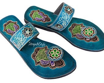 Hand Painted Women Leather Sandals Peacock Mandala Design Handmade Ladies Turquoise Sandal Toe Strap Flip Flop Indian Dress Shoe