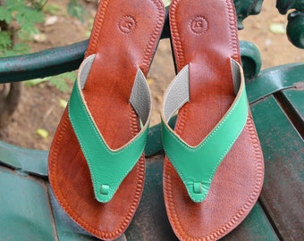 Handmade Women Leather Sandals Ladies Biblical Sandal Green V Strap Flip Flop Indian Dress Shoe