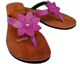 Handcrafted Ladies Real Leather Sandals Women Floral Slippers Brown Pink Casual Leather Flip Flop For Girls