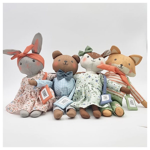 Baumwoll Panel Kuscheltier zum selber Nähen Bunny, Fuchs, Teddy und Bambi