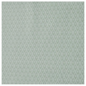 Könnte beinhalten: Nahaufnahme eines Stoffes mit einem sich wiederholenden Muster aus weißen, tropfenförmigen Designs auf hellgrünem Hintergrund. Die gewebte Textur erzeugt eine subtile, strukturierte Oberfläche. Das Design ist zart und ornamental.
