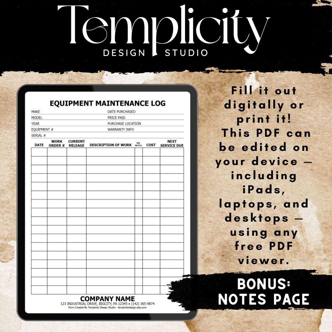 Mechanic Labor Guide Log Equipment Maintenance Log PDF | Mechanic Shop Printable | Notes Page ...