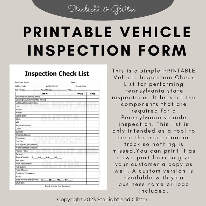 Generic Vehicle Inspection Checklist DIGITAL FILE ONLY Etsy